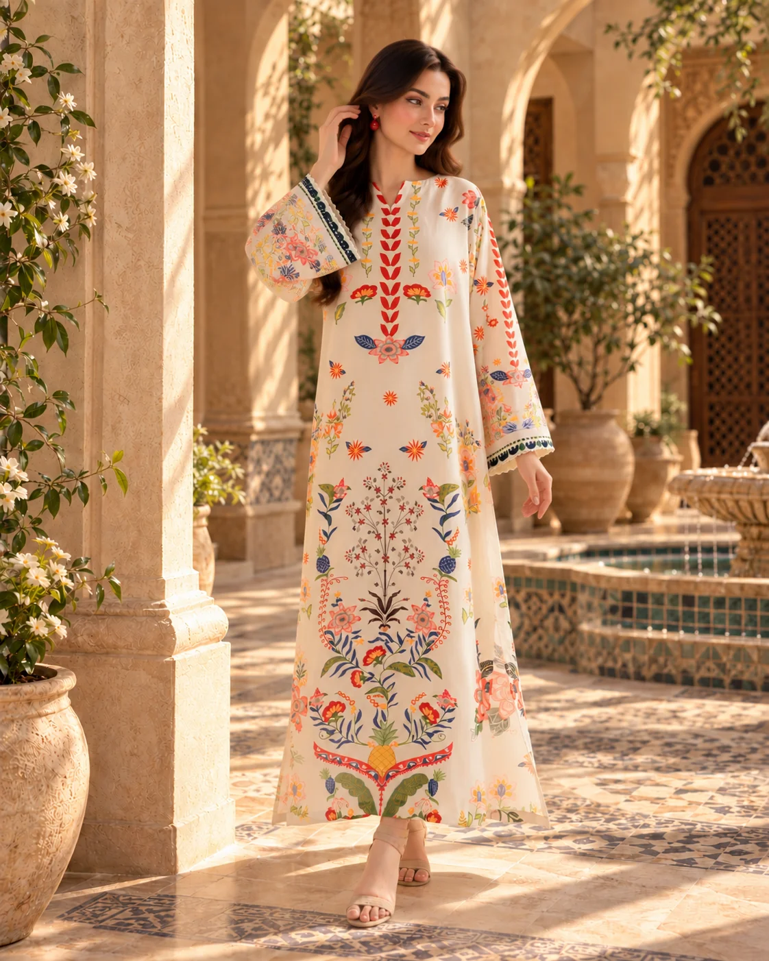 Model wearing beige floral printed silk kaftan with bell sleeves - front