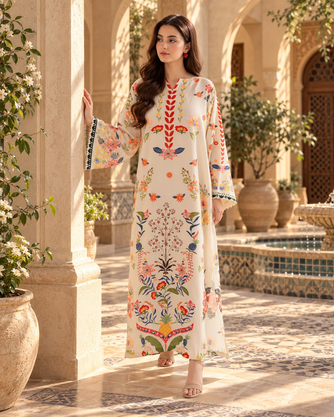 Beige silk kaftan with multicolour folk floral print - side pose