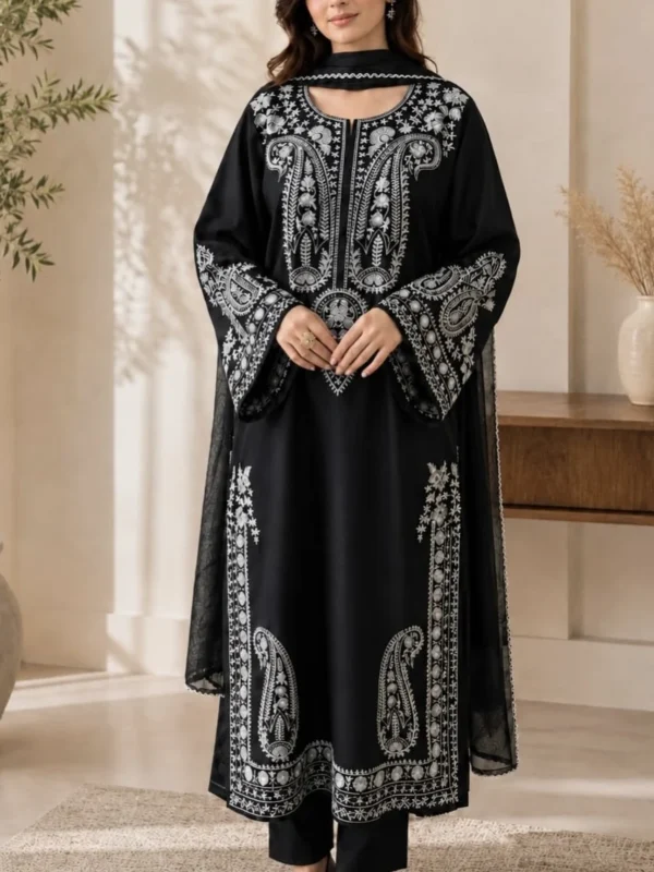 Model wearing black paisley embroidered cotton 3-piece stitched suit - front