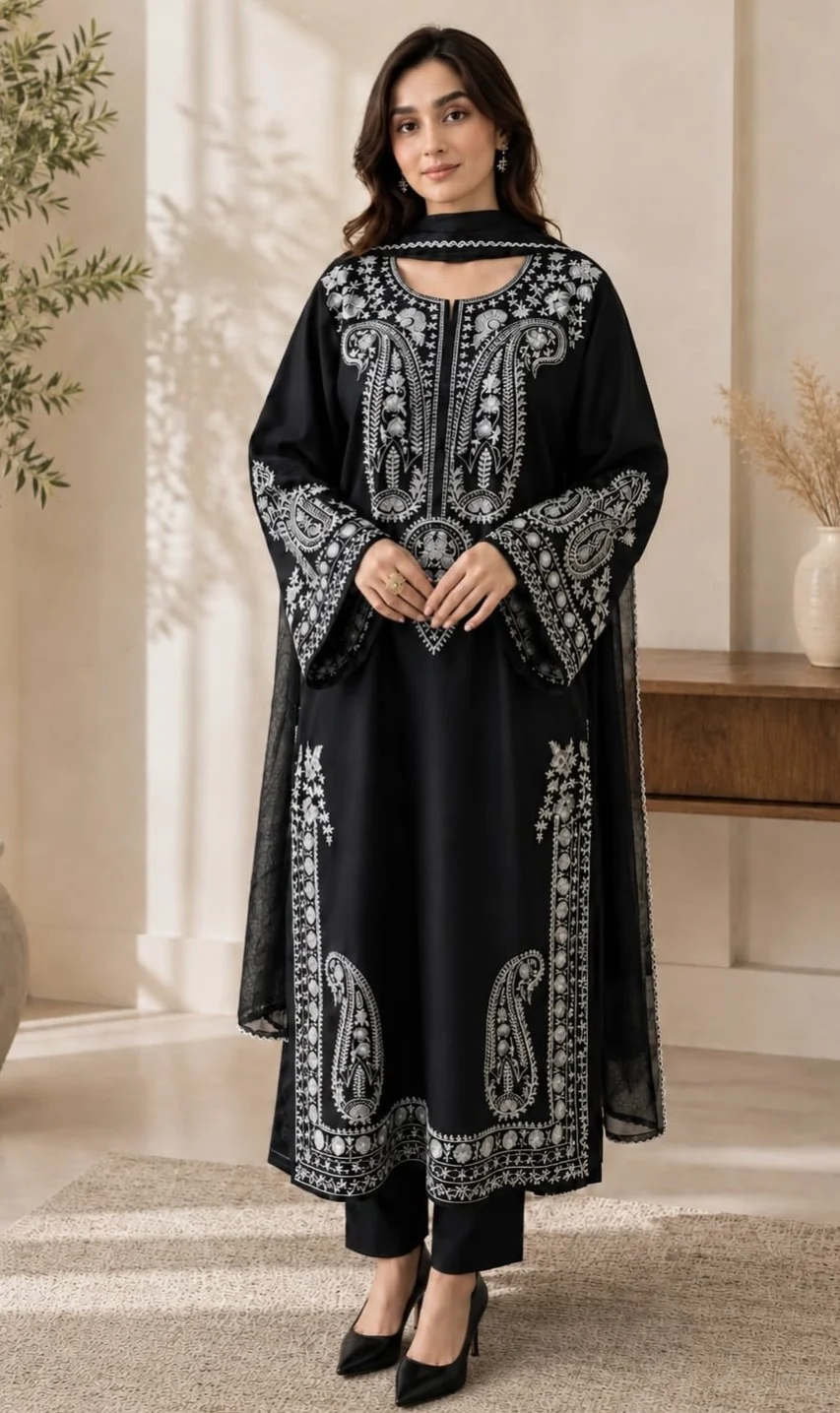 Model wearing black paisley embroidered cotton 3-piece stitched suit - front