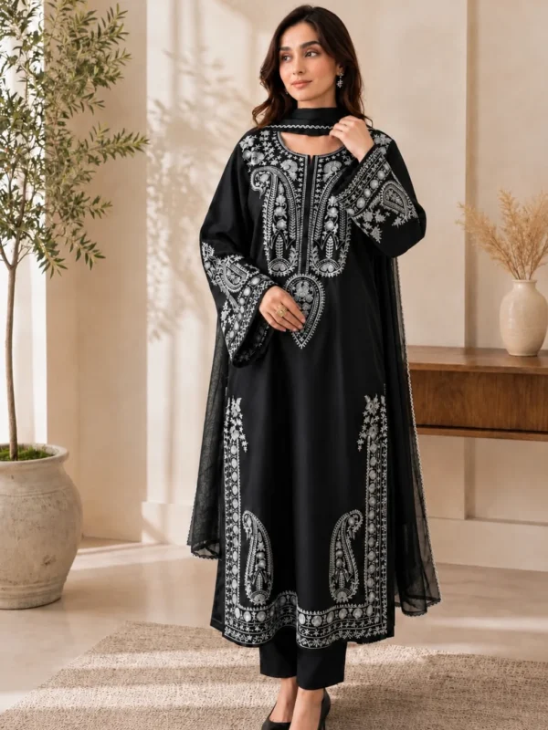 Black cotton suit with white paisley embroidery and crepe dupatta - full length