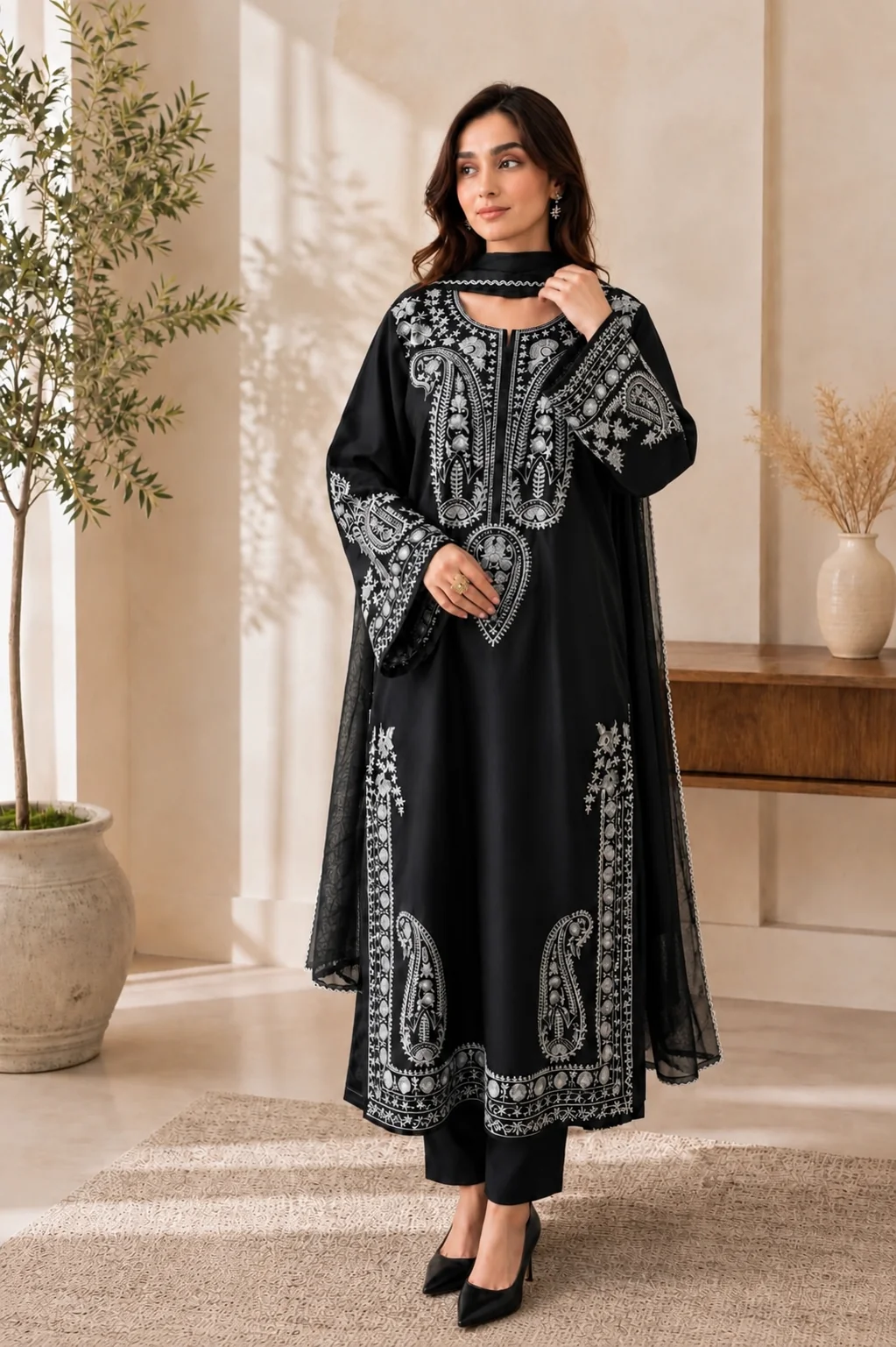 Black cotton suit with white paisley embroidery and crepe dupatta - full length