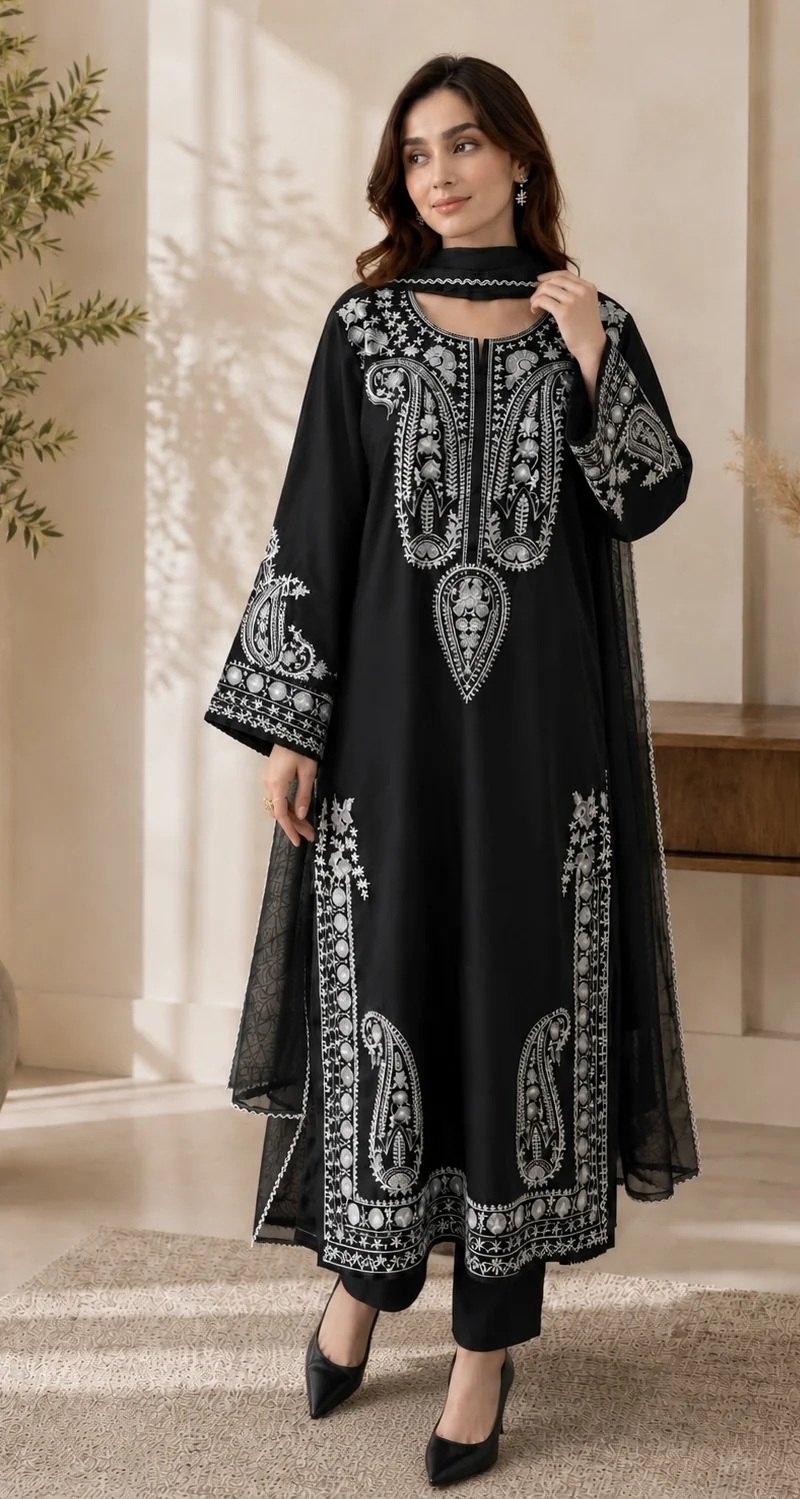 Black and white paisley embroidered cotton suit with crepe dupatta