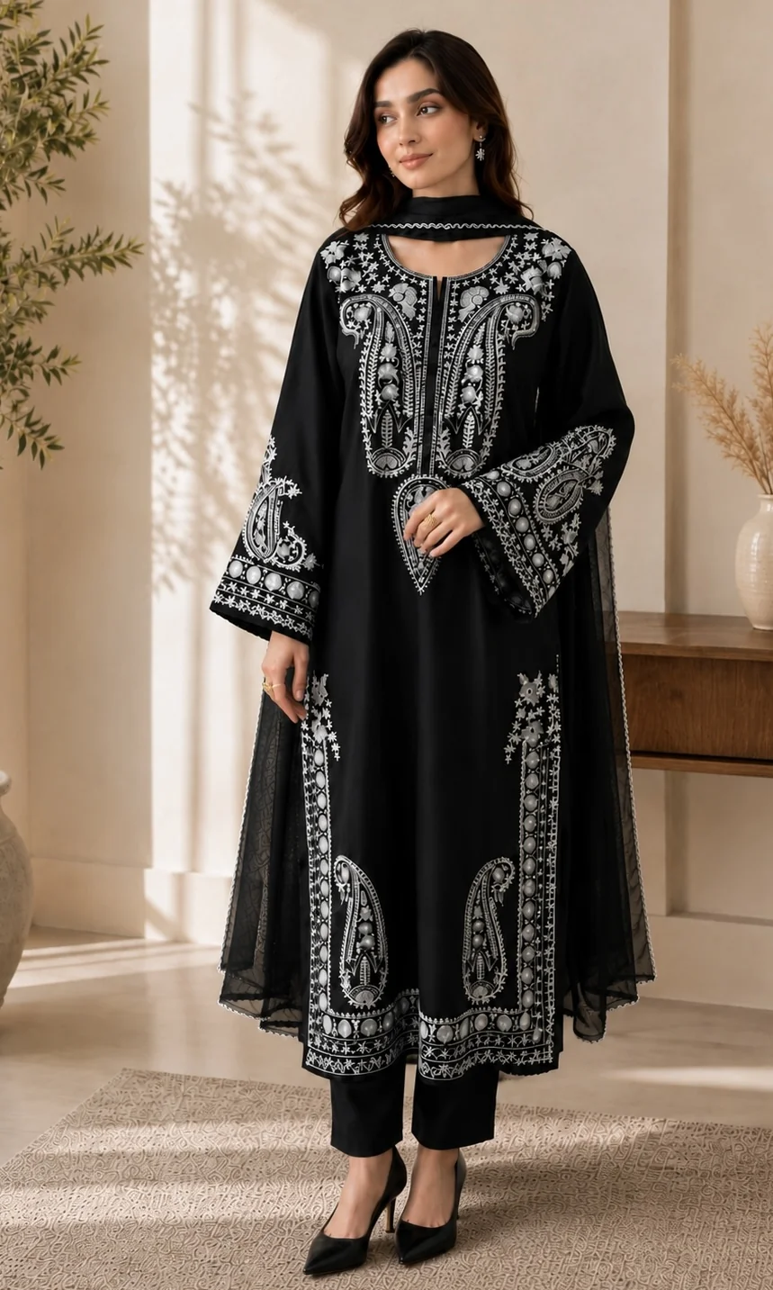Black embroidered cotton 3-piece suit with white paisley work - side pose