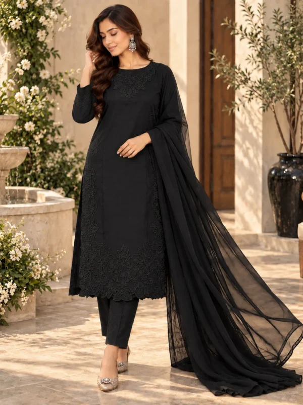 Black cotton silk embroidered suit with crepe dupatta - side pose