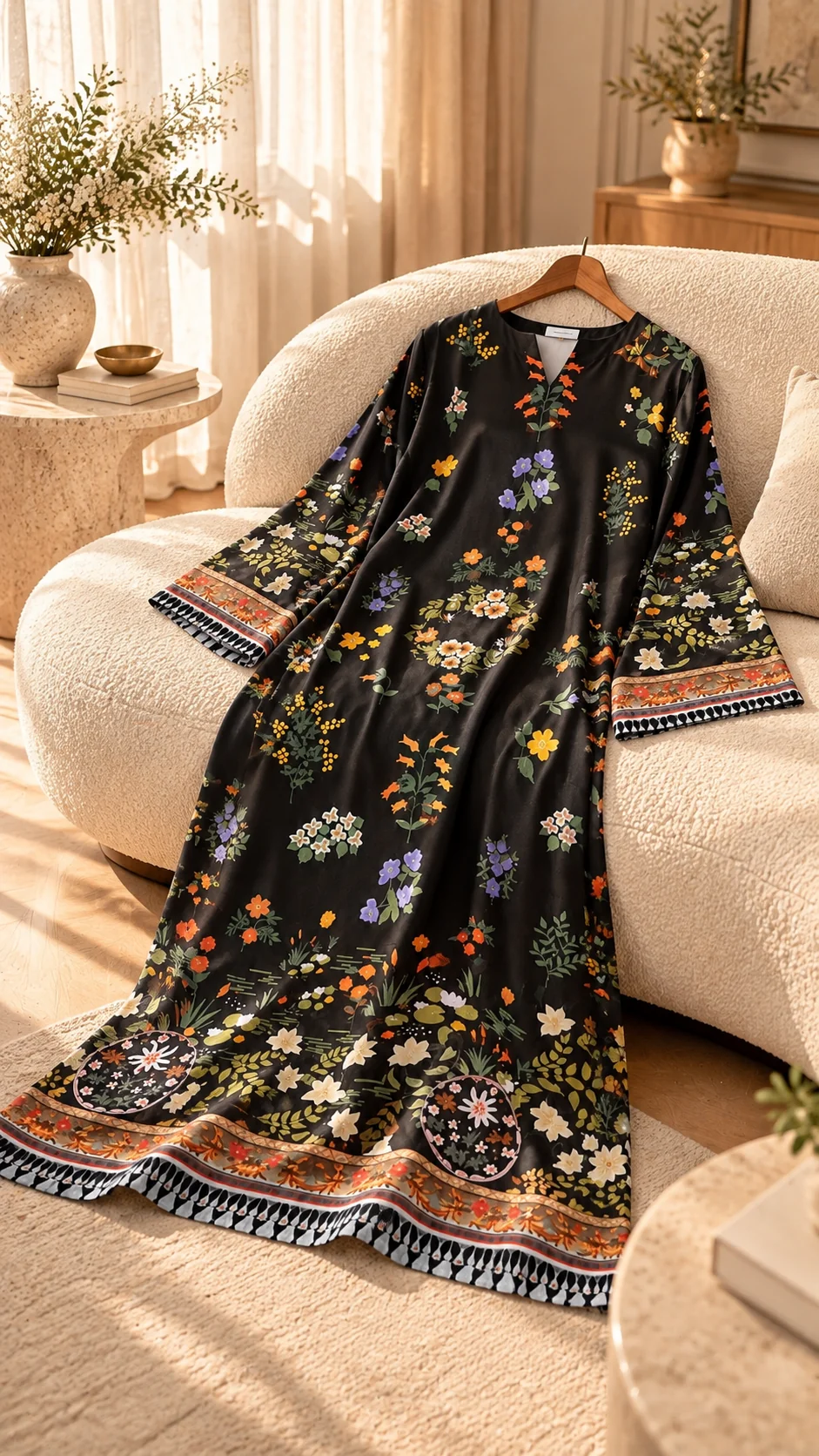 Black floral printed silk kaftan on hanger - full print view