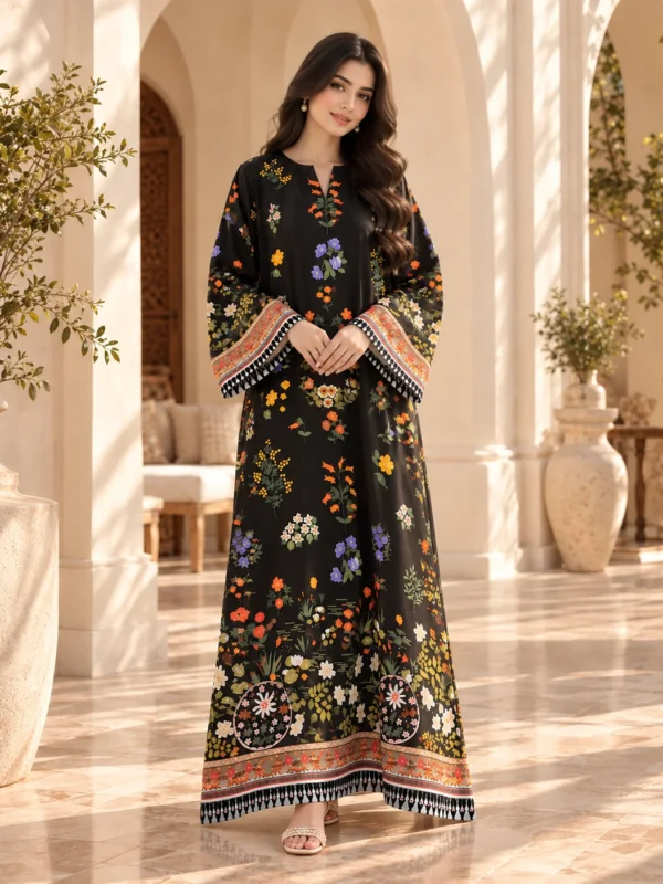 Model wearing black floral printed silk kaftan with bell sleeves - front