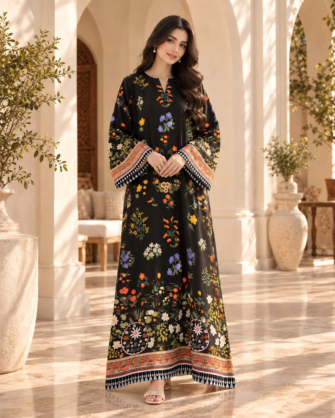 Model wearing black floral printed silk kaftan with bell sleeves - front