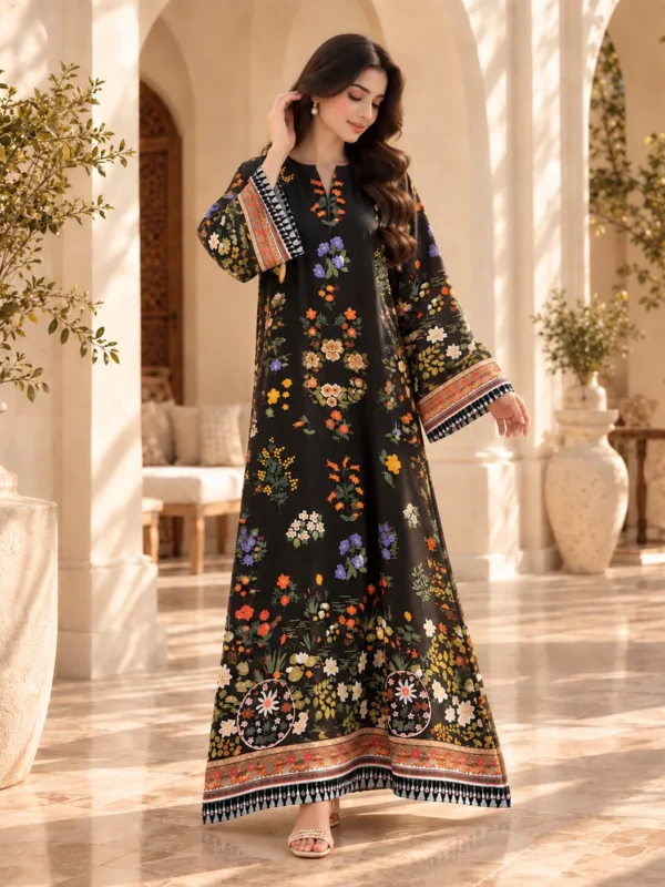Black silk kaftan with multicolour floral print - side pose