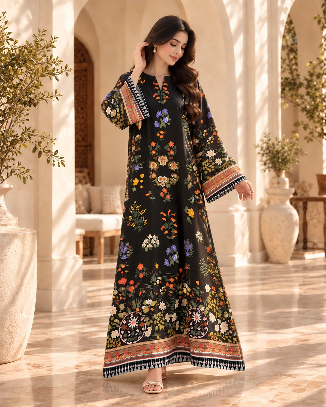 Black silk kaftan with multicolour floral print - side pose