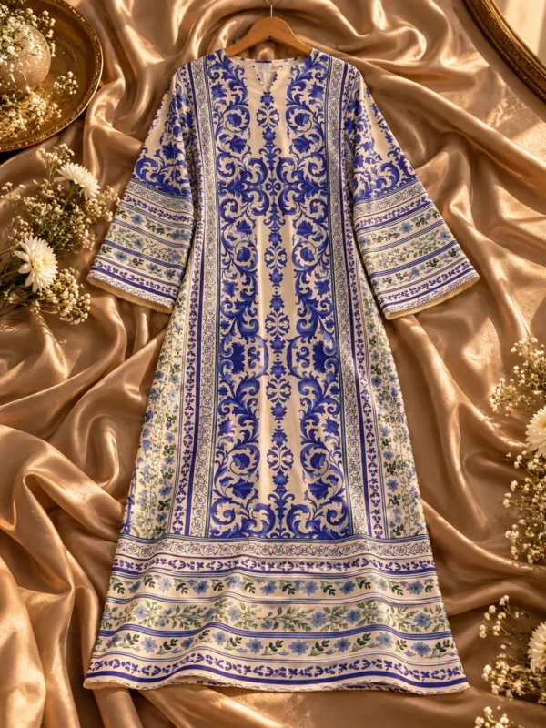 Blue and ivory printed silk kaftan flat lay - full print view