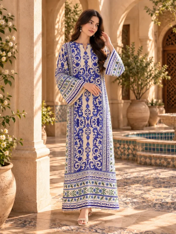 Model wearing blue and ivory printed silk kaftan with flared sleeves - front
