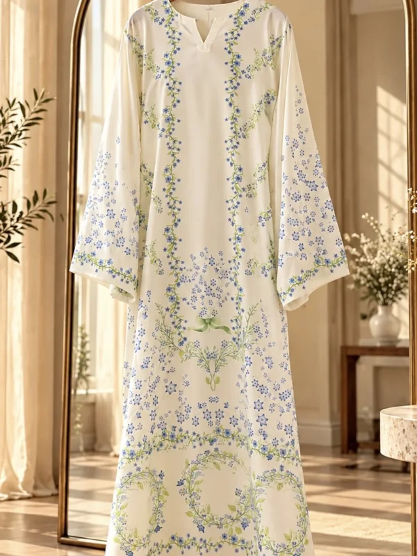 Ivory blue floral printed silk kaftan on hanger - full print view