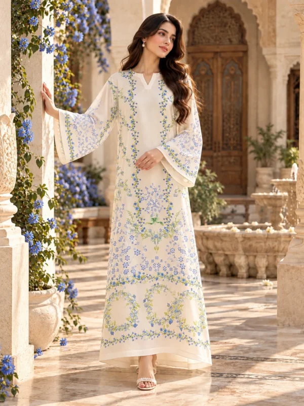 Model wearing ivory blue floral printed silk kaftan with bell sleeves - front
