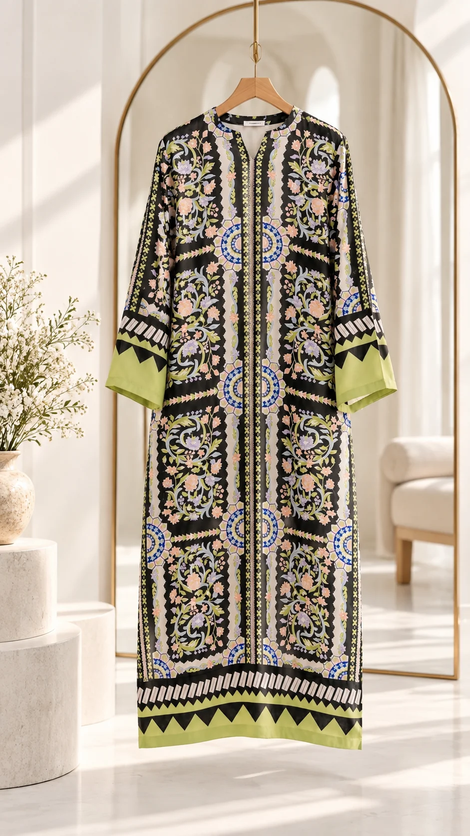 Lime green and black printed silk kaftan on hanger - full print view