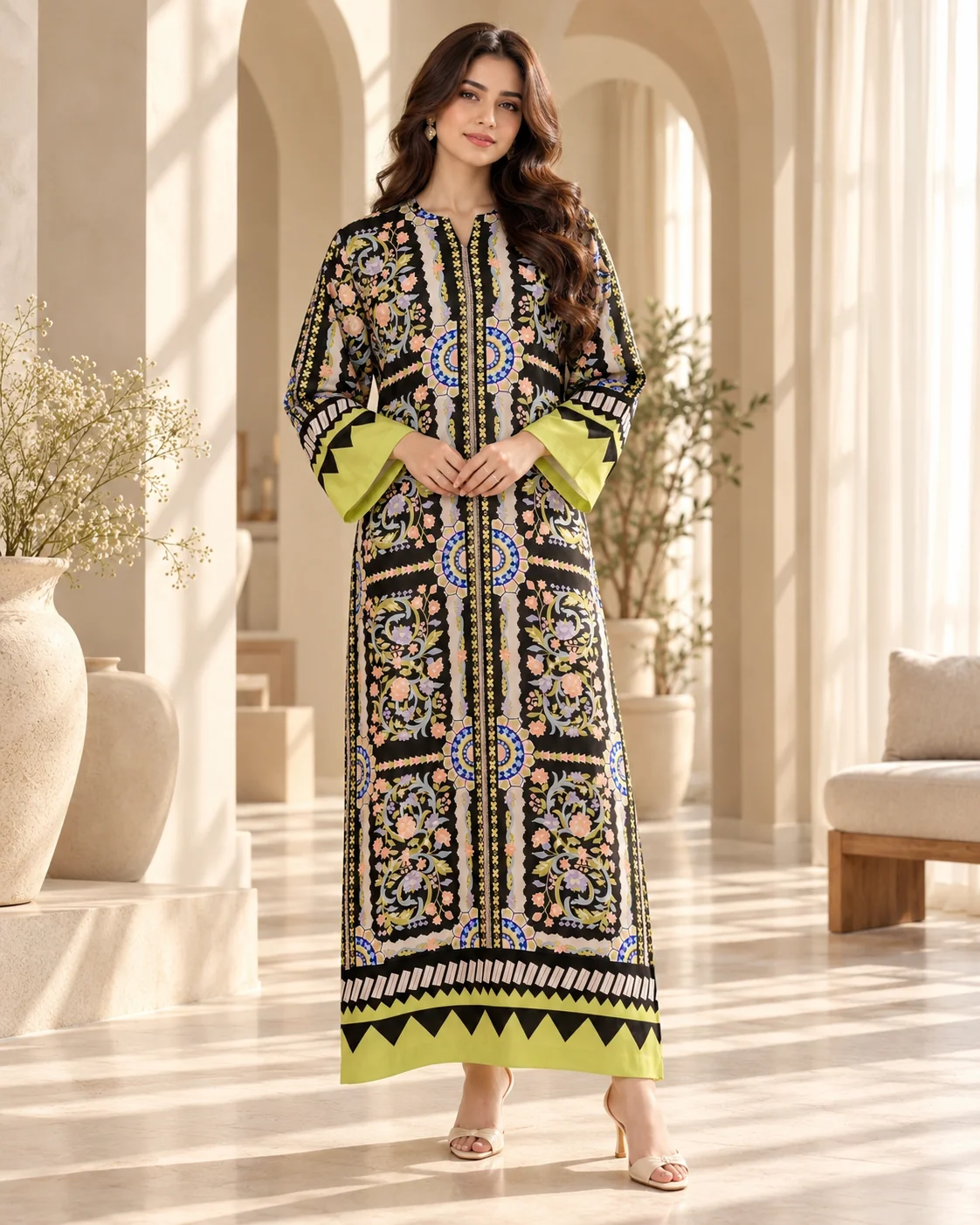 Model wearing lime green and black printed silk kaftan - front