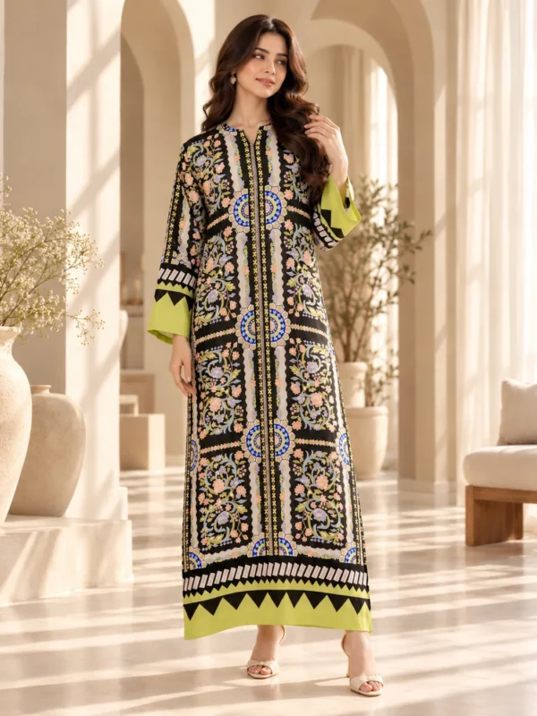 Lime green and black ornate printed silk kaftan - side pose