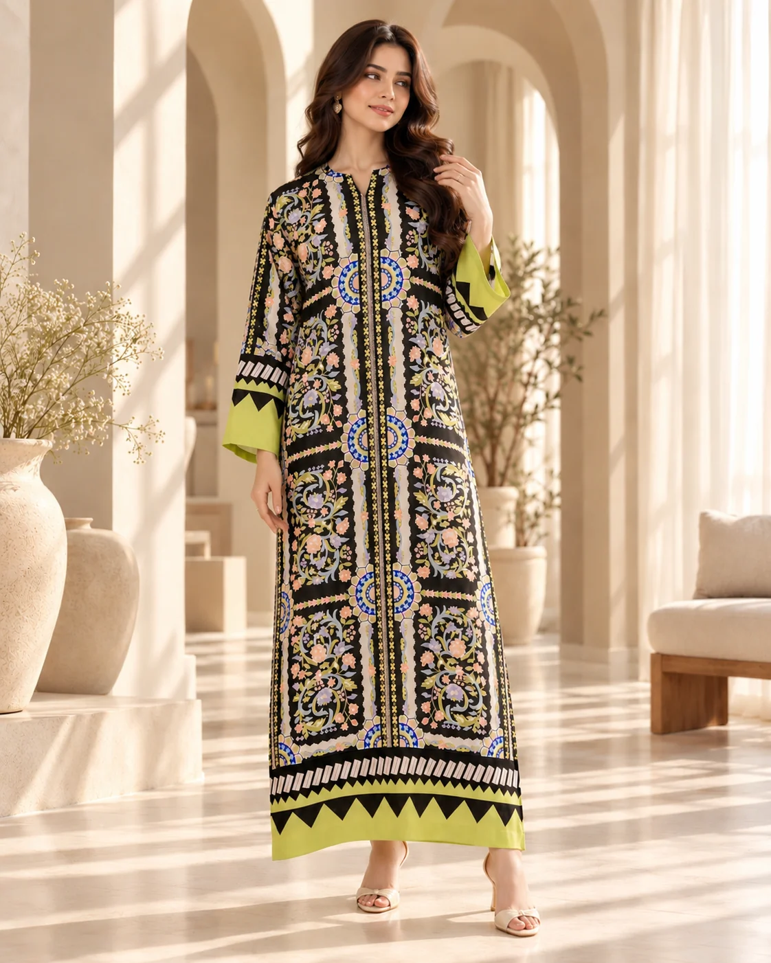 Lime green and black ornate printed silk kaftan - side pose