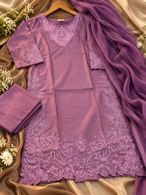 Mauve embroidered cotton silk 3-piece suit flat lay with trouser and crepe dupatta