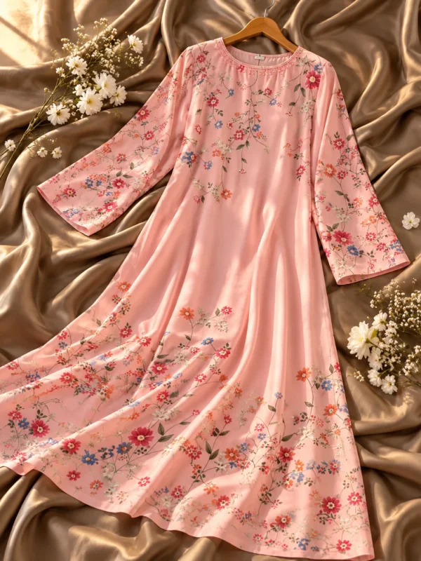 Pink floral printed silk kaftan flat lay - full print view