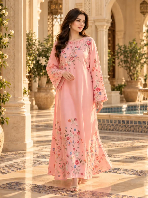 Model wearing pink floral printed silk kaftan with flared sleeves - front
