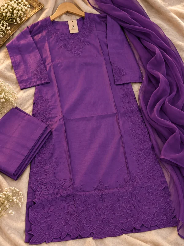 Purple embroidered cotton silk 3-piece suit flat lay with trouser and crepe dupatta