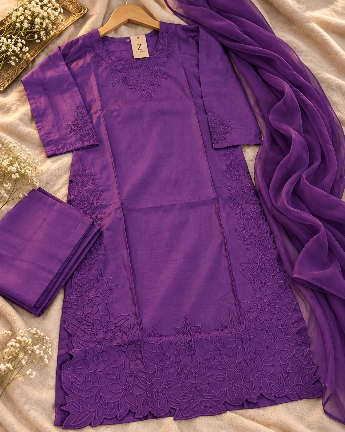 Purple embroidered cotton silk 3-piece suit flat lay with trouser and crepe dupatta