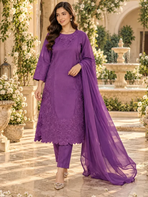 Model wearing purple embroidered cotton silk 3-piece stitched suit - front