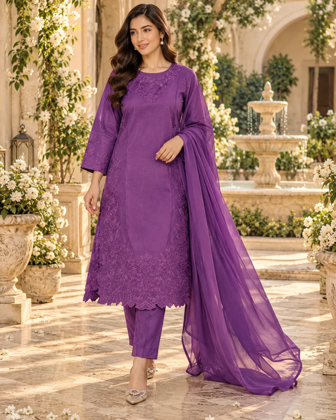 Model wearing purple embroidered cotton silk 3-piece stitched suit - front