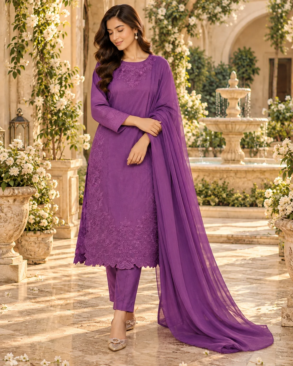 Purple embroidered cotton silk suit with crepe dupatta draped