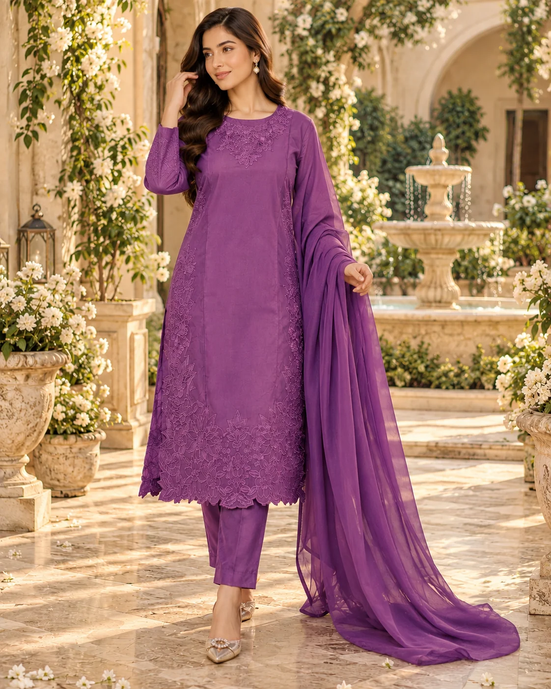Purple cotton silk embroidered suit with crepe dupatta - side pose