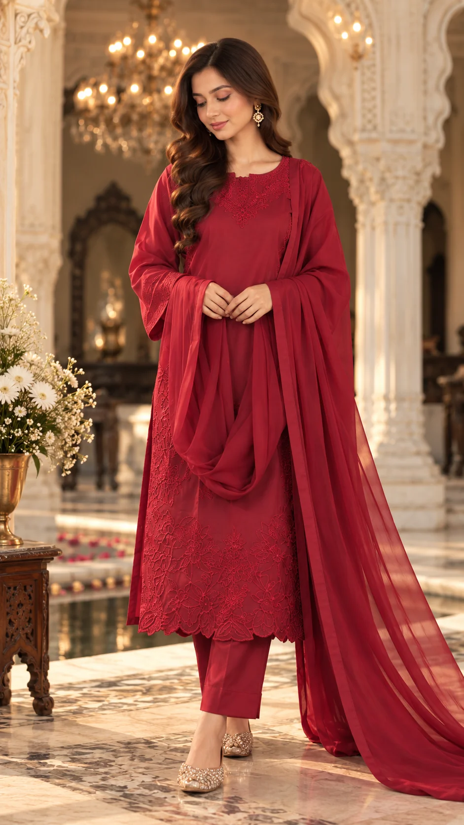 Red embroidered cotton silk suit with crepe dupatta draped