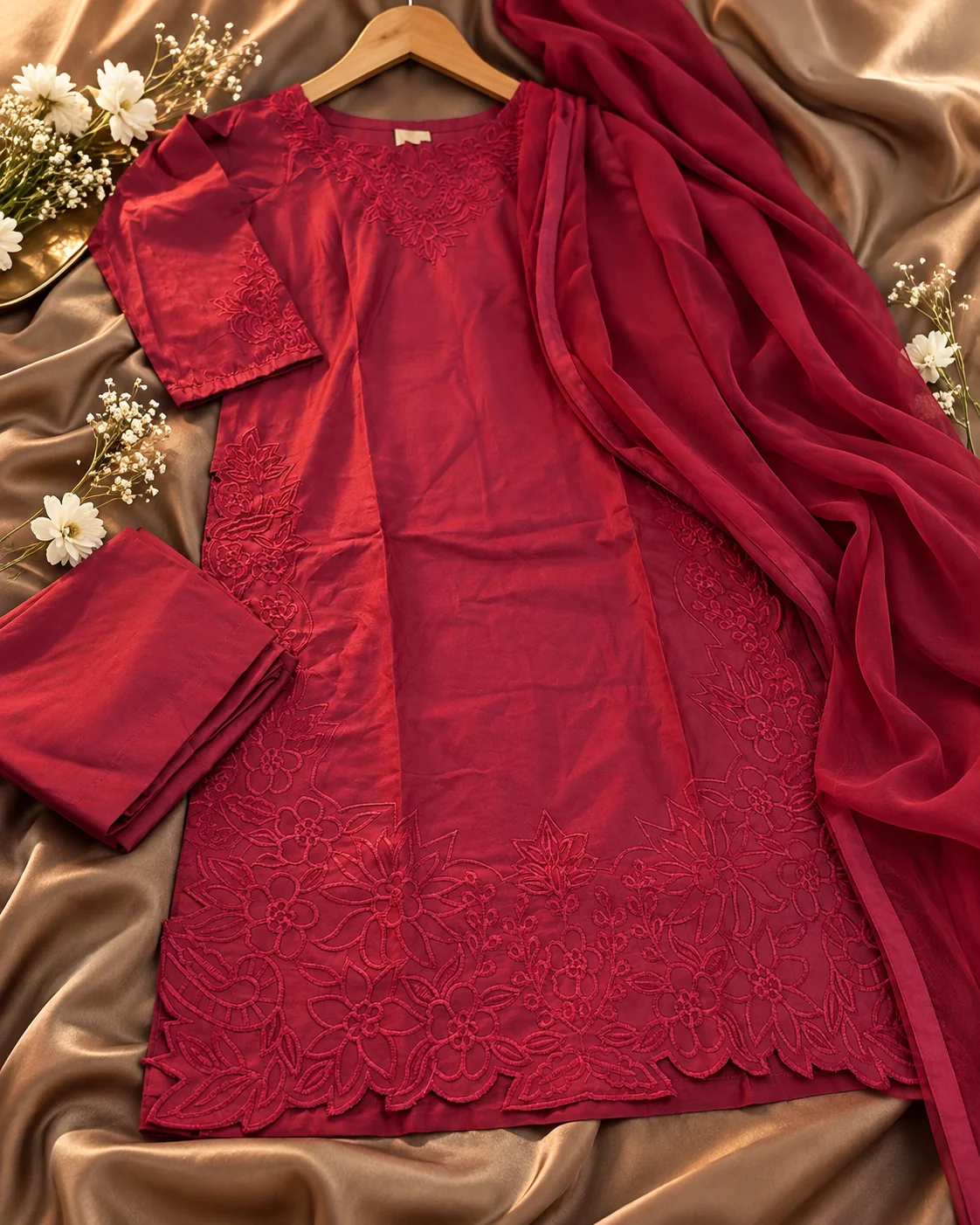 Red embroidered cotton silk 3-piece suit flat lay with trouser and crepe dupatta