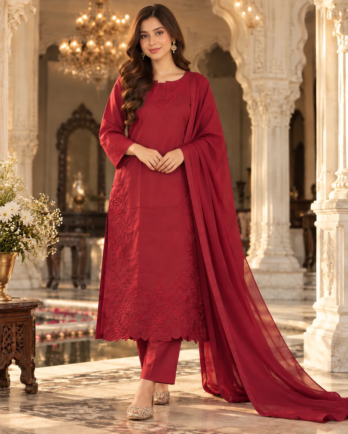 Model wearing red embroidered cotton silk 3-piece stitched suit - front