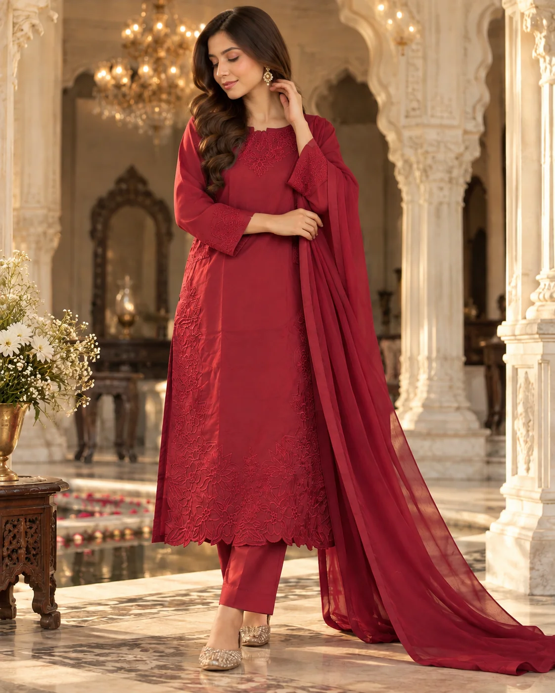 Red cotton silk embroidered suit with crepe dupatta - side pose