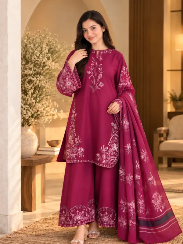 Magenta embroidered cotton 3-piece stitched suit - Reshyle