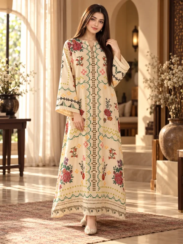 Cream cross-stitch floral printed silk kaftan - Reshyle